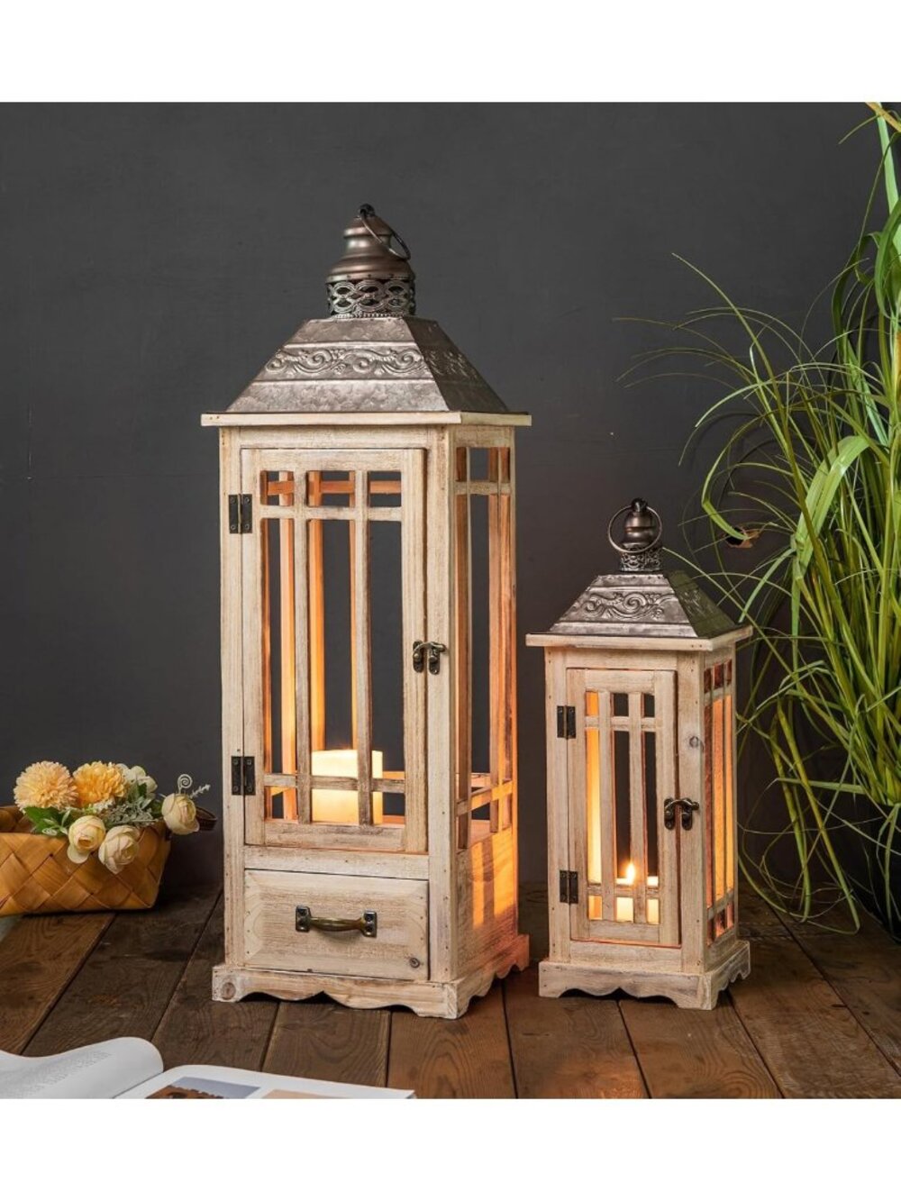 Large Rustic Wooden Metal Lantern Set of 2 | Modern Farmhouse Candle Holders